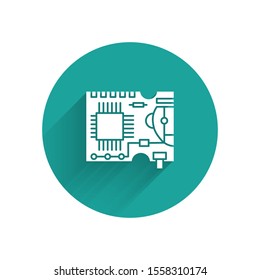 White Printed circuit board PCB icon isolated with long shadow. Green circle button. Vector Illustration