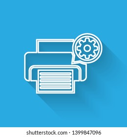 White Printer and gear line icon isolated with long shadow. Adjusting app, service concept, setting options, maintenance, repair, fixing. Vector Illustration