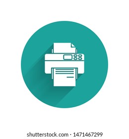 White Printer icon isolated with long shadow. Green circle button. Vector Illustration