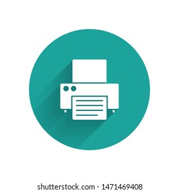 White Printer icon isolated with long shadow. Green circle button. Vector Illustration