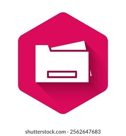 White Printer icon isolated with long shadow. Pink hexagon button. Vector