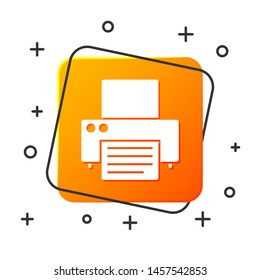 White Printer icon isolated on white background. Orange square button. Vector Illustration