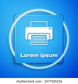 White Printer icon isolated on blue background. Blue square button. Vector Illustration