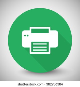 White Printer icon with long shadow on green circle