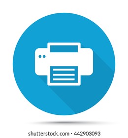 White Printer icon on blue button isolated on white