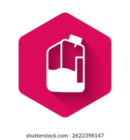 White Printer ink bottle icon isolated with long shadow. Pink hexagon button. Vector