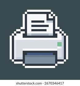 Impresora blanca con el papel en estilo del arte del pixel