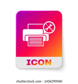 White Printer with screwdriver and wrench icon isolated on white background. Adjusting, service, setting, maintenance, repair, fixing. Rectangle color button. Vector Illustration