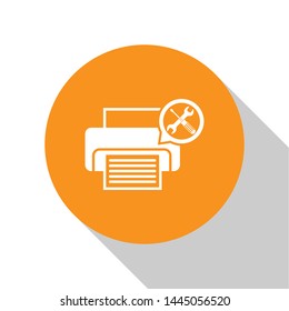 White Printer with screwdriver and wrench icon isolated on white background. Adjusting, service, setting, maintenance, repair, fixing. Orange circle button. Vector Illustration