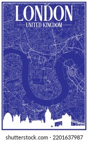 White printout streets network map with city skyline of the downtown LONDON, UNITED KINGDOM on a blue framed background