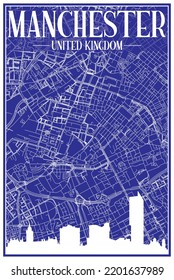 White printout streets network map with city skyline of the downtown MANCHESTER, UNITED KINGDOM on a blue framed background