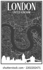 White printout streets network map with city skyline of the downtown LONDON, UNITED KINGDOM on a black framed background