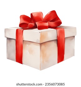 White Prize Box or Red Gift Box with Red Ribbon Isolated Hand Drawn Watercolor Painting Illustration