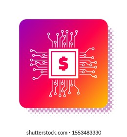 White Processor chip with dollar icon isolated on white background. CPU, central processing unit, microchip, microcircuit, computer processor. Square color button. Vector Illustration