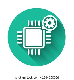 White Processor and gear icon isolated with long shadow. CPU, chip service concept. Adjusting app, setting options, maintenance, repair, fixing. Green circle button. Vector Illustration
