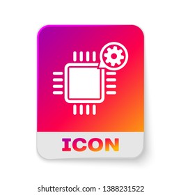 White Processor and gear icon isolated on white background. CPU, chip service concept. Adjusting app, setting options, maintenance, repair, fixing. Rectangle color button. Vector Illustration