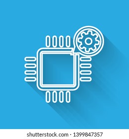 White Processor and gear line icon isolated with long shadow. CPU, chip service concept. Adjusting app, setting options, maintenance, repair, fixing. Vector Illustration White Processor and gear line icon isolated with long shadow. CPU, chip service concept. Adjusting app, setting options, maintenance, repair, fixing. Vector Illustration