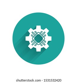 White Processor icon isolated with long shadow. CPU, central processing unit, microchip, microcircuit, computer processor, chip. Green circle button. Vector Illustration