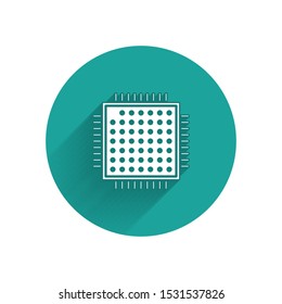 White Processor icon isolated with long shadow. CPU, central processing unit, microchip, microcircuit, computer processor, chip. Green circle button. Vector Illustration