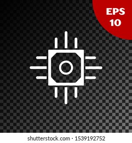 White Processor icon isolated on transparent dark background. CPU, central processing unit, microchip, microcircuit, computer processor, chip.  Vector Illustration