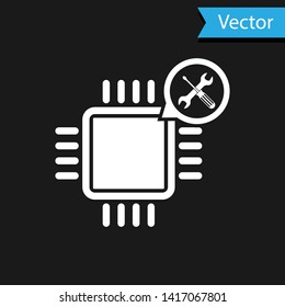 White Processor with screwdriver and wrench icon isolated on black background. Adjusting, service, setting, maintenance, repair, fixing.  Vector Illustration