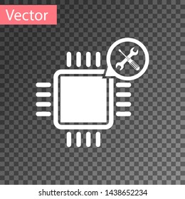 White Processor with screwdriver and wrench icon isolated on transparent background. Adjusting, service, setting, maintenance, repair, fixing.  Vector Illustration