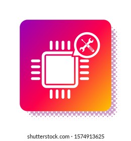 White Processor with screwdriver and wrench icon isolated on white background. Adjusting, service, setting, maintenance, repair, fixing. Square color button. Vector Illustration
