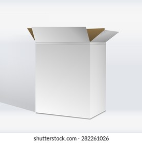 White Product Cardboard rectangular Package Box. Illustration Isolated On White Background. Mock Up Template Ready For Your Design. Vector 