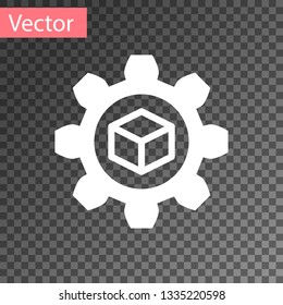 White Product development icon isolated on transparent background. Gear and cube. Product development symbol design from Startup collection. Vector Illustration