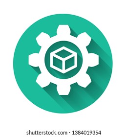 White Product Development Icon Isolated With Long Shadow. Gear And Cube. Product Development Symbol Design From Startup Collection. Green Circle Button. Vector Illustration