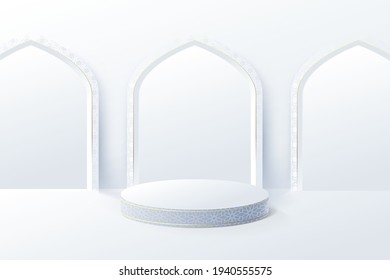 La exhibición de un producto blanco se burla de la puerta de la mezquita interior islámica. 3 quinquies podio. Ramadán, eid fitr adha, concepto mawlid. Ilustración del vector