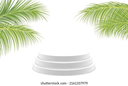 White product display podium with coconut leaves. cylinder pedestal on green background, vector illustration