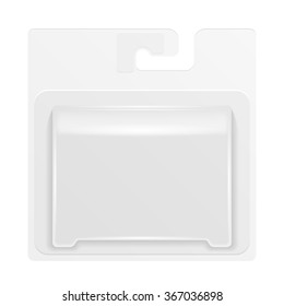 White Product Package Box Blister With Hang Slot. Illustration Isolated On White Background. Mock Up Template Ready For Your Design. Product Packing Vector EPS10