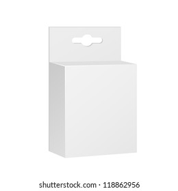 White Product Package Box With Hang Slot. Blank On White Background Isolated. Ready For Your Design. Product Packing Vector EPS10