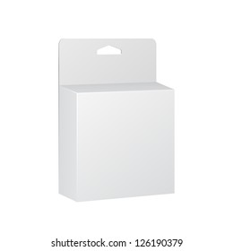 White Product Package Box With Hang Slot. Blank On White Background Isolated. Ready For Your Design. Product Packing Vector EPS10