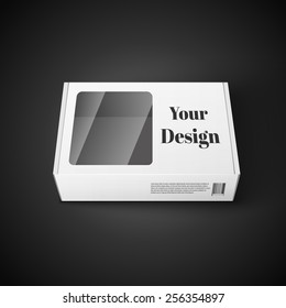 White Product Package Box. Paper Bag . Illustration Isolated On Black Background. Ready For Your Design. Product Packing Vector