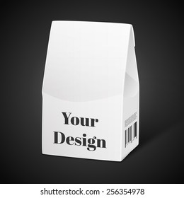 White Product Package Box. Paper Bag . Illustration Isolated On Black Background. Ready For Your Design. Product Packing Vector