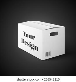 White Product Package Box. Paper Bag . Illustration Isolated On Black Background. Ready For Your Design. Product Packing Vector