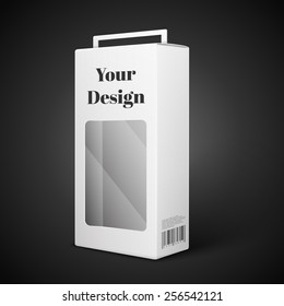 White Product Package Box. Paper Bag . Illustration Isolated On Black Background. Ready For Your Design. Product Packing Vector