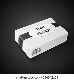 White Product Package Box. Paper Bag . Illustration Isolated On Black Background. Ready For Your Design. Product Packing Vector