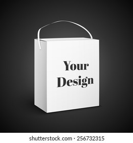 White Product Package Box. Paper Bag . Illustration Isolated On Black Background. Ready For Your Design. Product Packing Vector