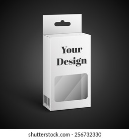 White Product Package Box. Paper Bag . Illustration Isolated On Black Background. Ready For Your Design. Product Packing Vector