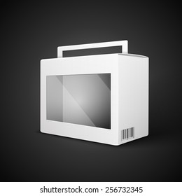 White Product Package Box. Paper Bag . Illustration Isolated On Black Background. Ready For Your Design. Product Packing Vector