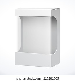 Packung mit weißem Produkt mit Fenster. Illustration einzeln auf weißem Hintergrund. Bereit für Ihr Design. Vektor EPS10