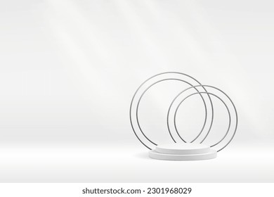 White product platform, round podium stage with thin wired metallic circles. Vector luxury presentation for cosmetics or prize.