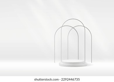 White product podium background with tripple silver arch. Premium abstract light vector beauty exhibition