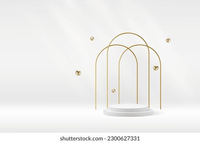 White product podium background with tripple golden arch. Floating glittering bubbles. Premium abstract light vector beauty exhibition