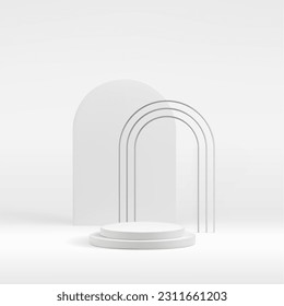 White product podium background with tripple silver arch. Premium abstract light vector beauty exhibition