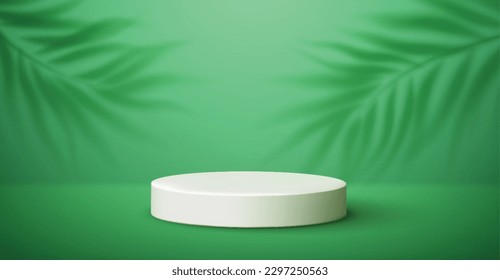 White product podium with green tropical palm leaves and golden round arch on green background. Background for product presentation. Vector illustration EPS10