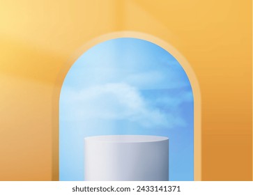 Podio blanco del producto que está debajo del agujero de la ventana del arco en la pared amarilla pastel con el cielo azul con las nubes en el fondo. Vector realista simple plataforma mínima del cilindro para la exhibición de los bienes o del ganador.